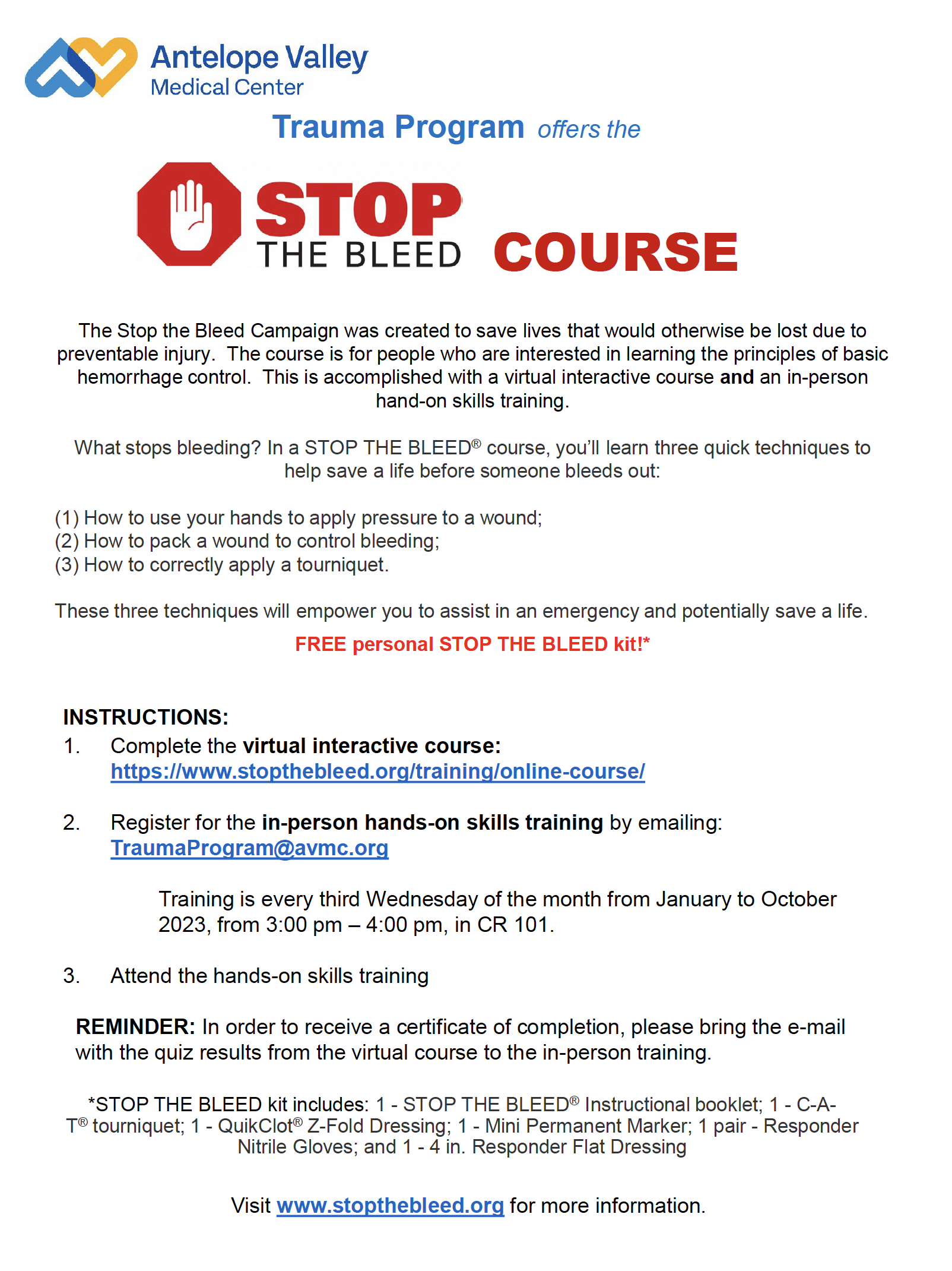 Stop the Bleed course flyer. 